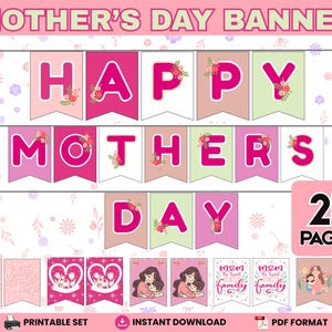 Banner imprimible del Día de la Madre: Letrero floral para decorar fiestas DIY / Guirnalda de letras rosas (PDF) / Descarga instantánea