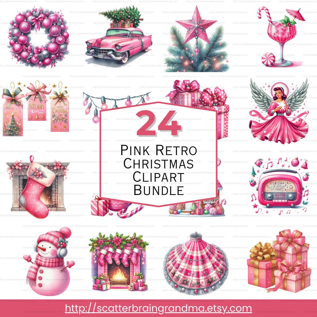 Pink Retro Christmas Clipart Bundle | Vintage Santa, Candy Canes, Tree ...