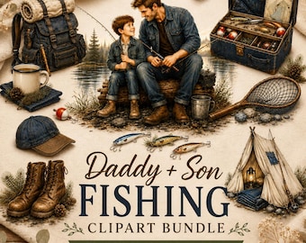 Daddy & Son vissen clipartbundel | Rustiek kamperen vissen png-collectie | Ambachtelijke ontwerpen voor Vaderdag | Direct downloaden