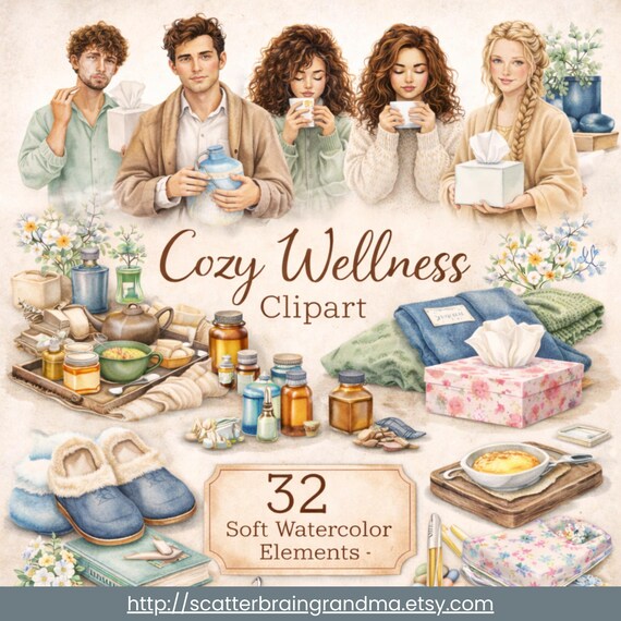 Cozy Wellness Clipart Set | 32 Watercolor Self Care Illustrations | Therapy Office Art, Mental Health Decor, Calm Aesthetic