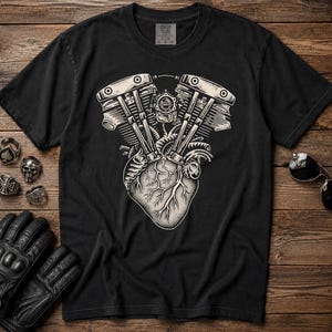 Könnte beinhalten: Ein schwarzes Kurzarm-T-Shirt mit einem Grafikdruck, der ein menschliches Herz mit einem V-Twin-Motorradmotor kombiniert. Die Illustration ist in cremeweißer Farbe gehalten und zeigt detaillierte anatomische Adern und mechanische Motorteile.