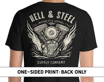 V-Twin Motorcycle Engine Shirt For Men - Hell & Steel - Back Print- Available in Light, Mid and Heavy cotton.
