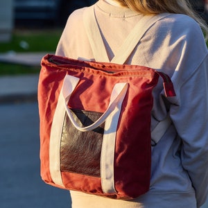Convertible Tote Backpack, Red Waxed Canvas Purse for Women 