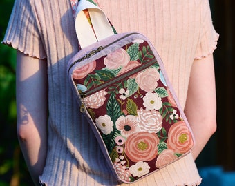 Pink Floral Backpack, Mini Sling Knapsack for Women or Teens, Rifle Paper Co Purse, Crossbody Travel Bag, Gift for Her