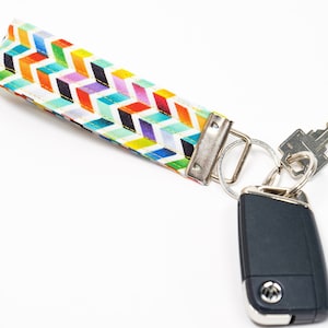 Rainbow Key Fob, Chevron Key Chain, Wristlet Lanyard, Fabric Key Ring, Teacher Accessories, Made in Canada