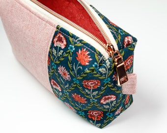 Pink & Green Floral Zipper Pouch, Liberty of London Makeup Bag, Boxy Clutch, Gift for Her, Made in Canada