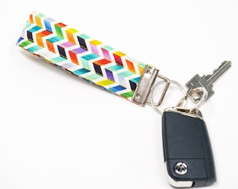 Rainbow Key Fob, Chevron Key Chain, Wristlet Lanyard, Fabric Key Ring, Teacher Accessories, Made in Canada