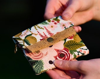 Rose Floral Mini Wallet, Rifle Paper Co Fabric & Vegan Cork Credit Card Holder, Small Wallet with Card Slot and Coin Pouch, Gift for Her
