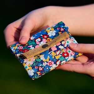 Floral Mini Wallet, Liberty of London Fabric & Vegan Cork Credit Card Holder, Small Wallet with Card Slot and Coin Pouch, Gift for Her
