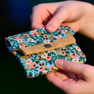 Rosa Chambray Mini Wallet, Rifle Paper Co Fabric & Vegan Cork Credit Card Holder, Small Wallet with Card Slot and Coin Pouch, Gift for Her image 1