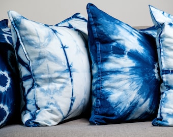 Indigo Shibori Pillow Cover Set of 4, Tie Dye Throw Pillows, Natural Hand Dyed Blue Sofa Cushions, Gypsy Bohemian Decor, Made in Canada