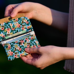 Rosa Chambray Mini Wallet, Rifle Paper Co Fabric & Vegan Cork Credit Card Holder, Small Wallet with Card Slot and Coin Pouch, Gift for Her image 2