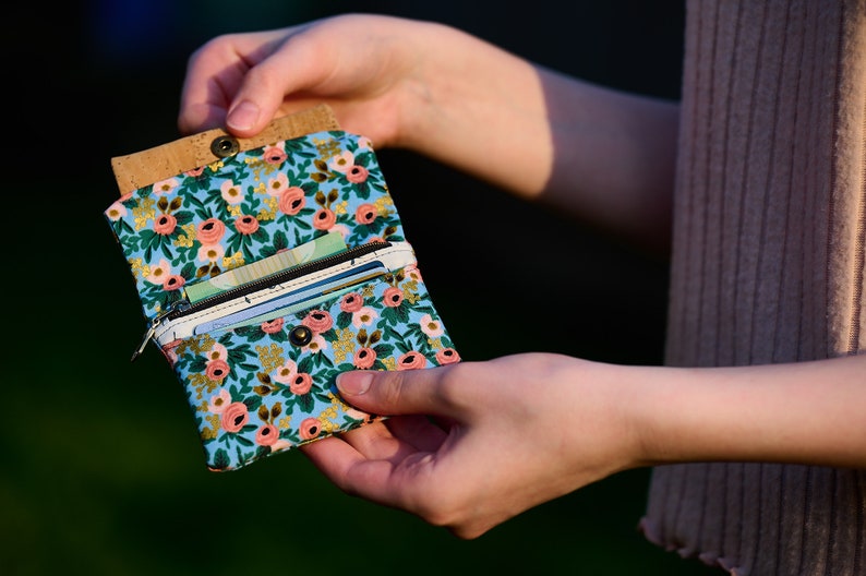 Rosa Chambray Mini Wallet, Rifle Paper Co Fabric & Vegan Cork Credit Card Holder, Small Wallet with Card Slot and Coin Pouch, Gift for Her image 2