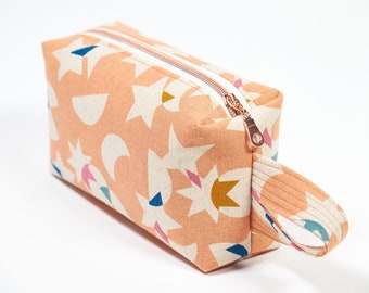 Star & Moon Zipper Pouch, Peach Makeup Bag, Boxy Clutch, Gift for Her