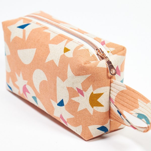 Star & Moon Zipper Pouch, Peach Makeup Bag, Boxy Clutch, Gift for Her