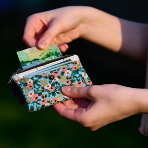 Rosa Chambray Mini Wallet, Rifle Paper Co Fabric & Vegan Cork Credit Card Holder, Small Wallet with Card Slot and Coin Pouch, Gift for Her image 3