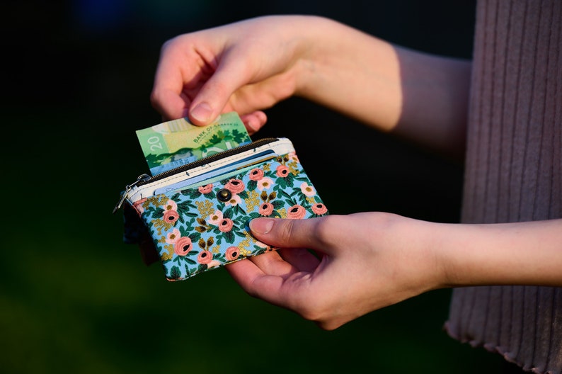 Rosa Chambray Mini Wallet, Rifle Paper Co Fabric & Vegan Cork Credit Card Holder, Small Wallet with Card Slot and Coin Pouch, Gift for Her image 3