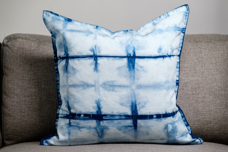 Indigo Shibori Pillow Cover, Tie Dye Throw Pillow 20x20, Natural Hand Dyed Blue Sofa Cushion, Gypsy Bohemian Decor, Made in Canada image 2