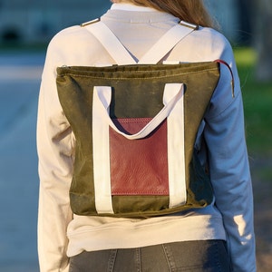 Convertible Tote Backpack, Rifle Paper Co & Green Waxed Canvas Purse for Women, Bag for School, Work and Moms, Water Resistant