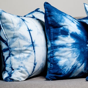 Indigo Shibori Pillow Cover, Tie Dye Throw Pillow 20x20, Natural Hand Dyed Blue Sofa Cushion, Gypsy Bohemian Decor, Made in Canada image 4