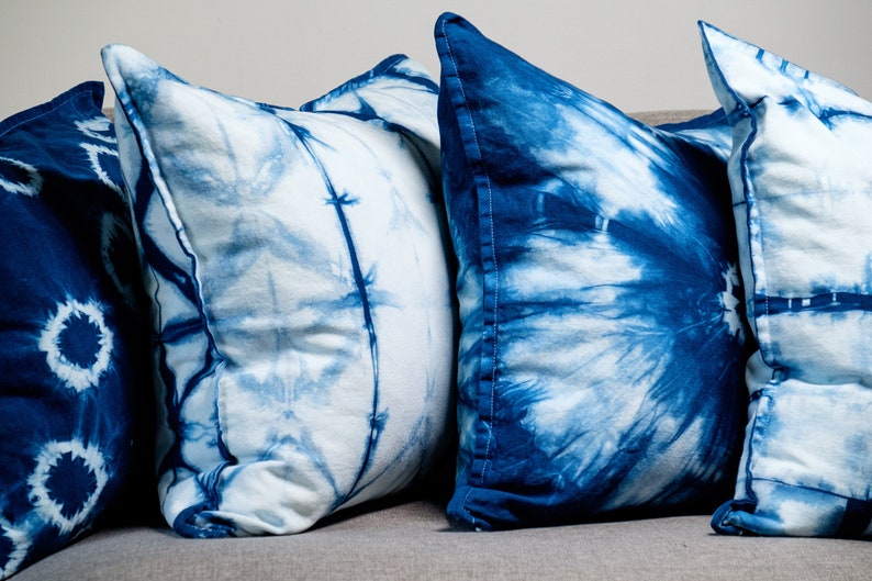 Indigo Shibori Pillow Cover, Tie Dye Throw Pillow 20x20, Natural Hand Dyed Blue Sofa Cushion, Gypsy Bohemian Decor, Made in Canada image 4