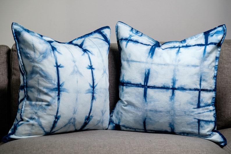 Indigo Shibori Pillow Cover, Tie Dye Throw Pillow 20x20, Natural Hand Dyed Blue Sofa Cushion, Gypsy Bohemian Decor, Made in Canada image 3