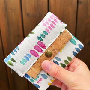 Rainbow Mini Wallet, Fabric & Vegan Cork Credit Card Holder, Small Wallet with Card Slot and Coin Pouch, Gift for Her