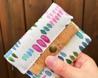 Rainbow Mini Wallet, Fabric & Vegan Cork Credit Card Holder, Small Wallet with Card Slot and Coin Pouch, Gift for Her