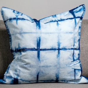 Indigo Shibori Pillow Cover, Tie Dye Throw Pillow 20x20, Natural Hand Dyed Blue Sofa Cushion, Gypsy Bohemian Decor, Made in Canada image 1
