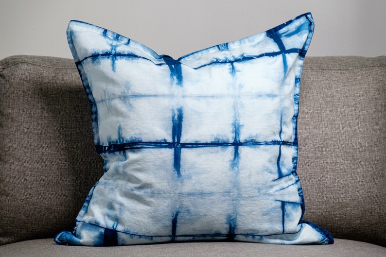 Indigo Shibori Pillow Cover, Tie Dye Throw Pillow 20x20, Natural Hand Dyed Blue Sofa Cushion, Gypsy Bohemian Decor, Made in Canada image 1