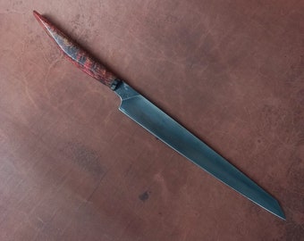 kiritsuke Handforged japanese high carbon steel blade. SanMai with blue steel. best high carbon steel. Sushi. Chef knife.