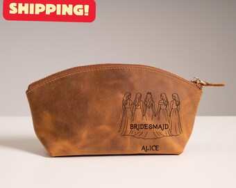 Regalo para dama de honor: neceser de cuero personalizado, estuche para cosméticos con grabado personalizado, hecho a mano en EE. UU., recuerdo de boda.