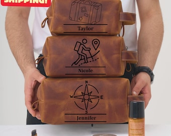 Personalized Travel Toiletry Bag – Custom Leather Dopp Kit for Men, Groom Gift, Groomsmen Travel Case, Anniversary Present, Travel Accessory
