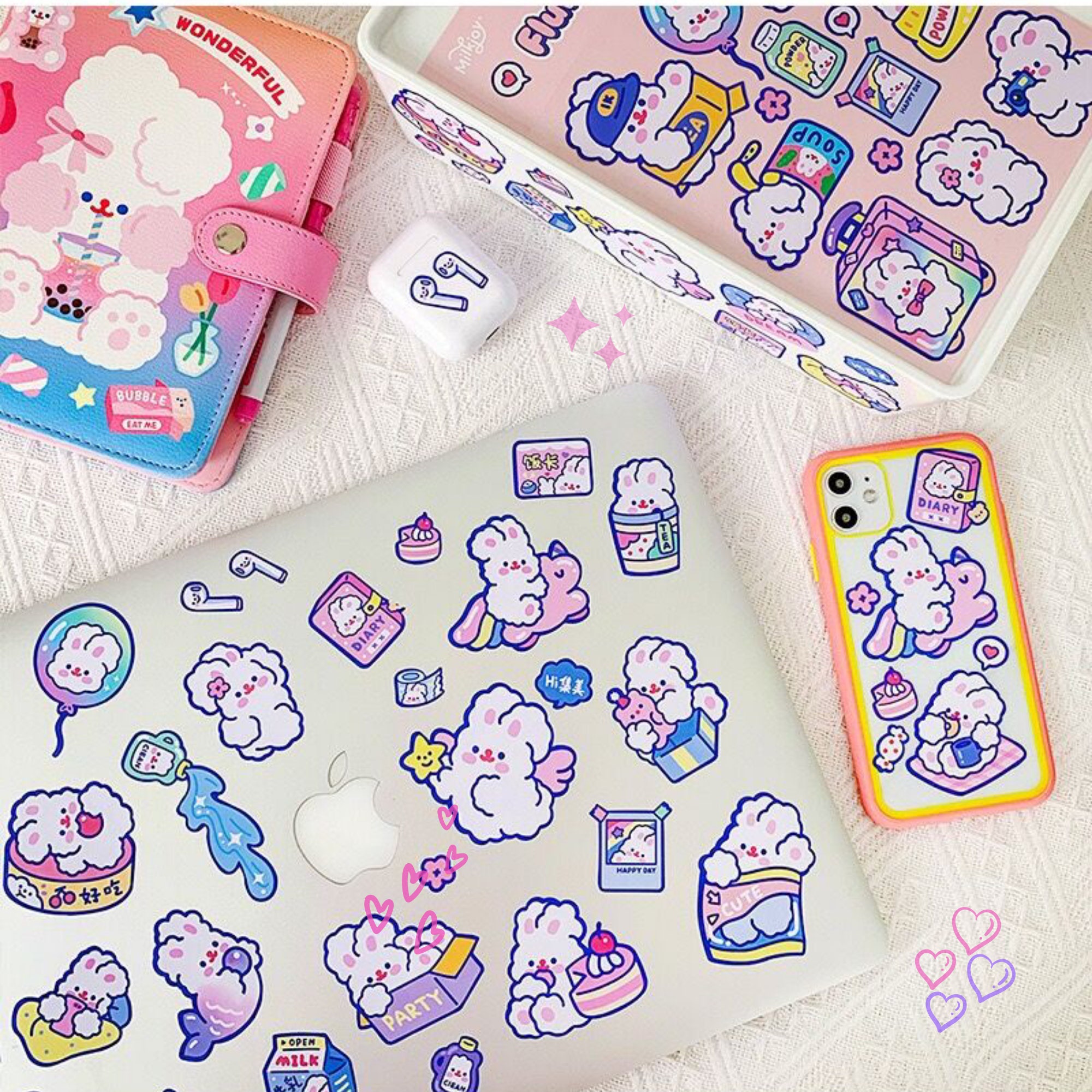 Kawaii Korean Fluffy Rabbit Sticker Sheet Cute Cartoon Bunny Etsy