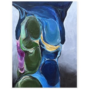May include: Abstract painting with a blue, green, and gold color scheme. The painting features a series of overlapping shapes and forms, creating a sense of depth and movement.