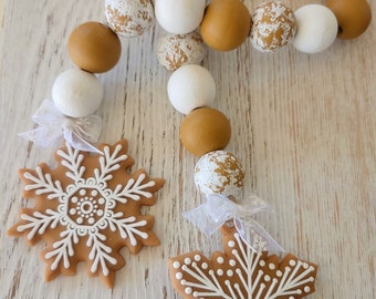 Gingerbread Snowflake Garland: Neutral Wood Bead Christmas Decor