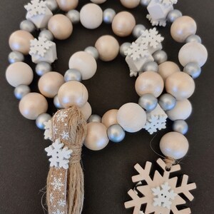 Christmas Wood Bead Garland, Snowflake Wood Beads with Tassel, Farmhouse Beads, Wood Beads, Tiered Tray, Winter Wood Beads, Christmas Gift image 2