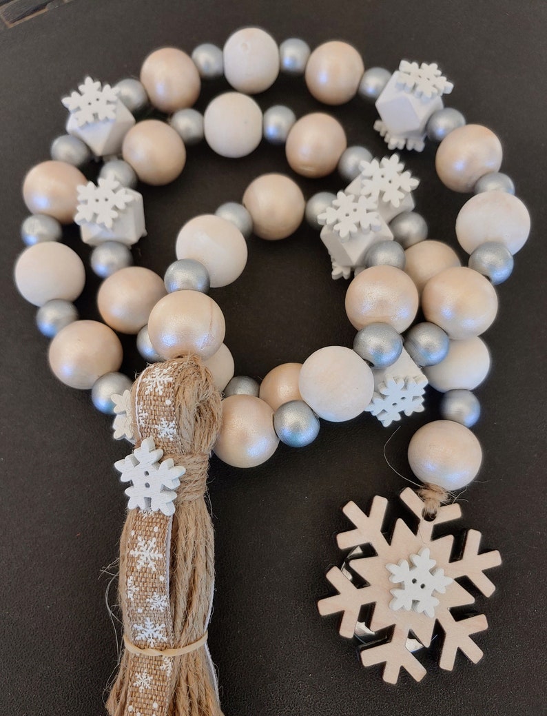 Christmas Wood Bead Garland, Snowflake Wood Beads with Tassel, Farmhouse Beads, Wood Beads, Tiered Tray, Winter Wood Beads, Christmas Gift image 2
