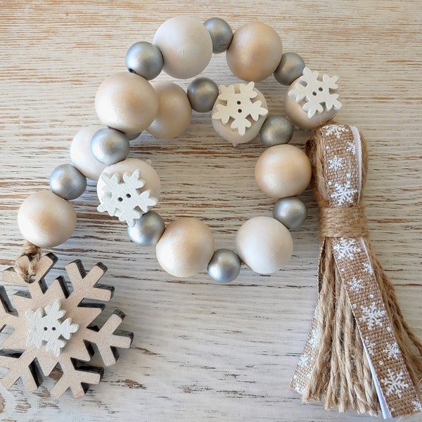 Christmas Wood Bead Garland, Snowflake Wood Beads with Tassel,  Farmhouse Beads, Wood Beads, Tiered Tray, Winter Wood Beads, Christmas Gift