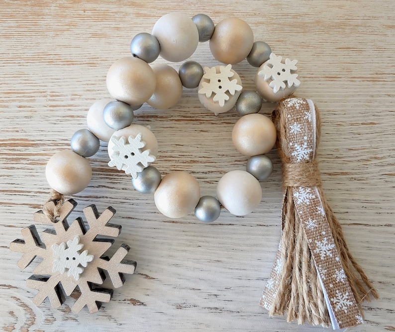 Christmas Wood Bead Garland, Snowflake Wood Beads with Tassel, Farmhouse Beads, Wood Beads, Tiered Tray, Winter Wood Beads, Christmas Gift image 1