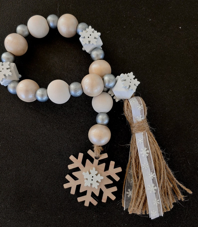 Christmas Wood Bead Garland, Snowflake Wood Beads with Tassel, Farmhouse Beads, Wood Beads, Tiered Tray, Winter Wood Beads, Christmas Gift image 9