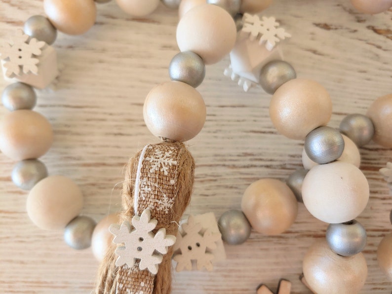 Christmas Wood Bead Garland, Snowflake Wood Beads with Tassel, Farmhouse Beads, Wood Beads, Tiered Tray, Winter Wood Beads, Christmas Gift image 4