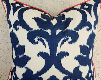 Basalto Navy Pillow Cover: Blue Yellow Damask, Coral Piping