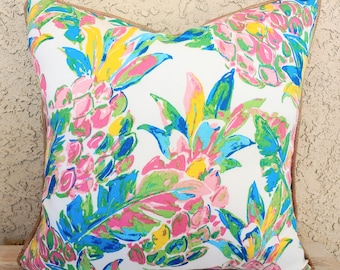 Tropical Pineapple Pillow Cover, Pink Floral Outdoor Decor