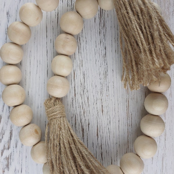 Farmhouse Natural Wood Bead Garland, Tiered Tray Decor, beaded Garland, natural beads, Farmhouse decor, Garland with Tassel