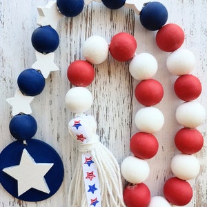 4th of July Wood Bead Garland: Patriotic Farmhouse Tiered Tray Decor