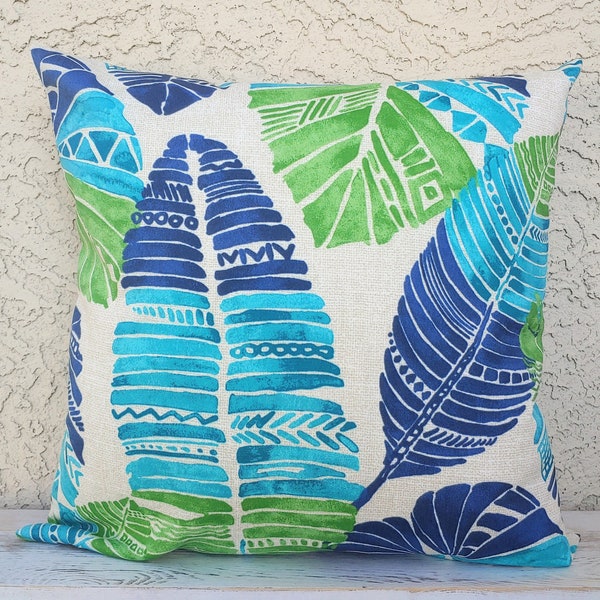 Outdoor Tropical Print Pillow Cover Blue Patio Pillow, Outdoor Cushions - Patio Decor - Outdoor Furniture - Richloom Fabrics Hixon Caribe