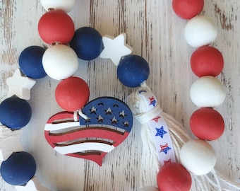 4th of July Bead Garland /Farmhouse Patriotic Wood Bead Garland/4th of July /Patriotic Tiered Tray Decor, Home Decor, Gift