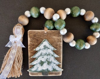 Christmas Wood Bead Garland, Tiered Tray Decor, Beaded Garland, Wooden Bead Garland, Farmhouse Beads, Garland with Tassel, Decorative Trays