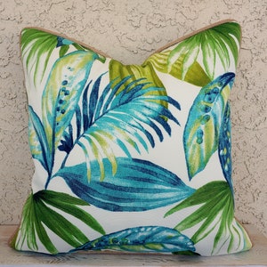 Teal outdoor pillow cover/ tropical patio decor / palm leaf pillowcase / Palm beach style